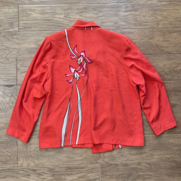 Vintage Yolanda Lorente Open Blazer Jacket 1X Floral Red Hand Painted 100% Silk - Picture 2 of 11